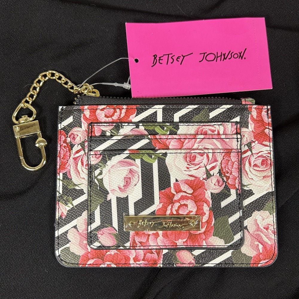 Betsey Johnson New Black White Rose Floral Credit Card Wallet Keychain Clutch